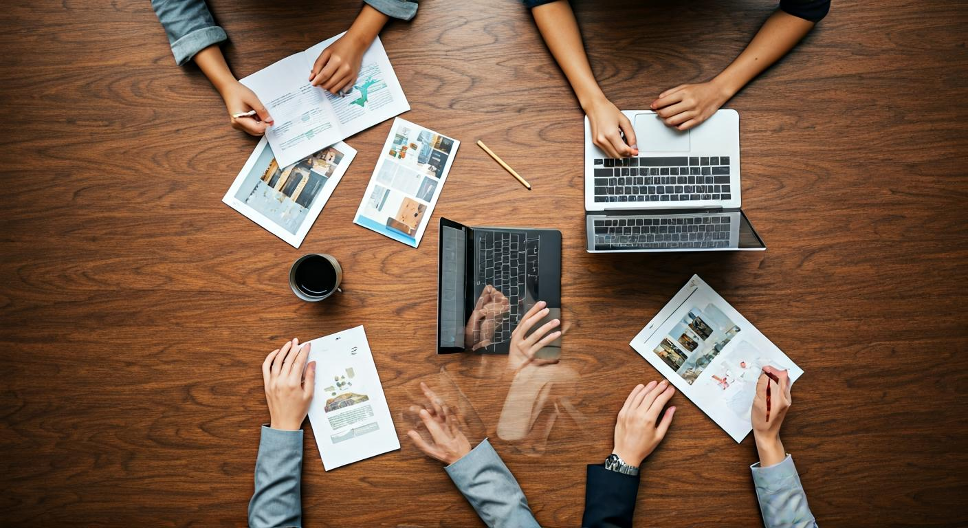 Marketing team planning a digital advertising campaign with printed travel brochures, laptops, and creative mood boards on a shared table.