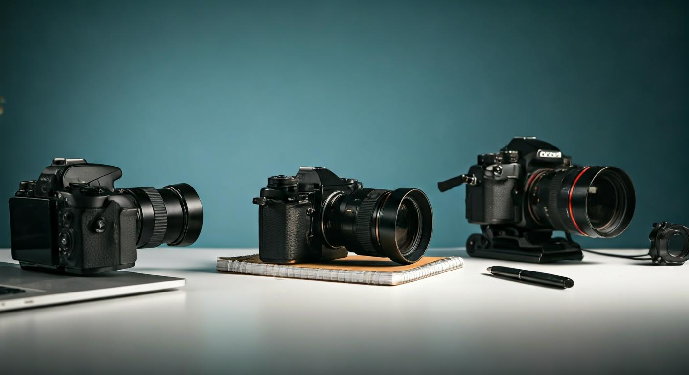 Creative team arranging camera gear, notebooks, and laptops in a bright studio space, preparing content production for travel and hospitality marketing.