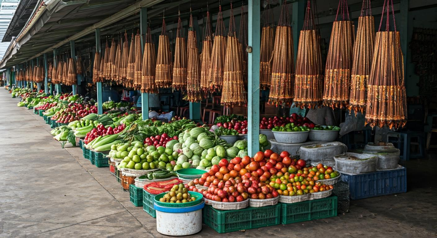 Local marketplace in Sabah with vendors arranging fresh produce and crafts, highlighting community commerce and the regional business environment.
