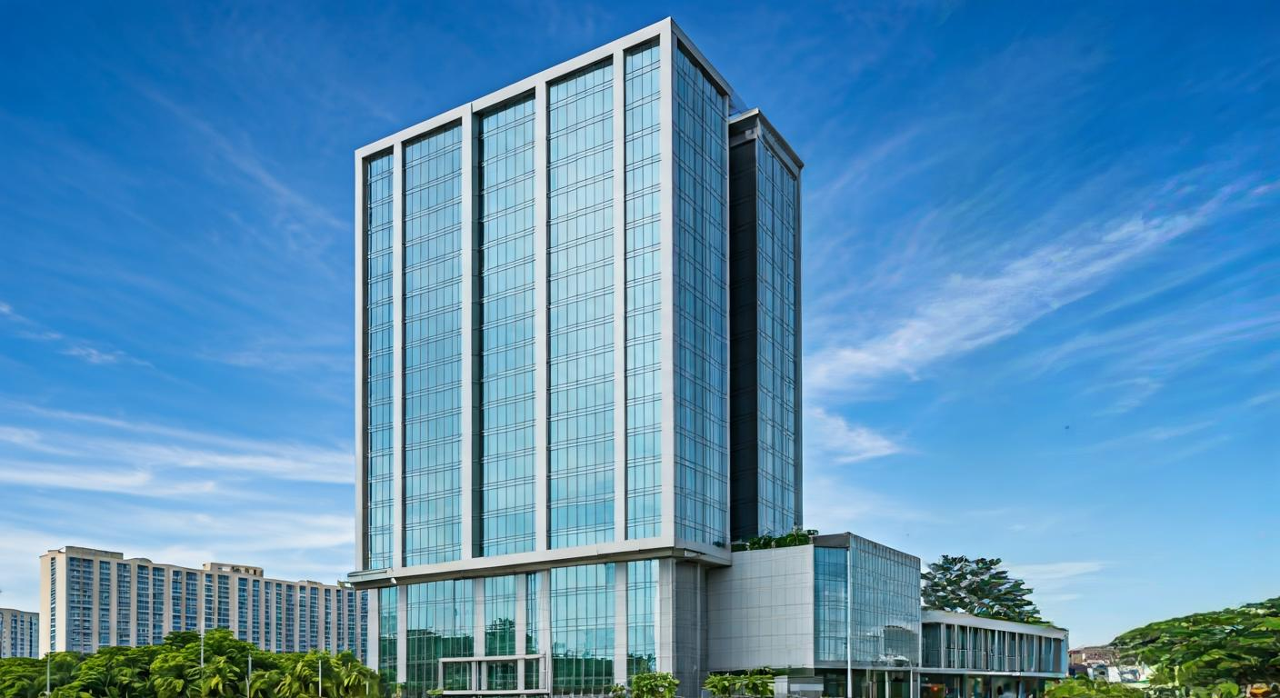 Modern high-rise building in Kota Kinabalu with clear signage and glass facade, representing the professional office location of the agency.