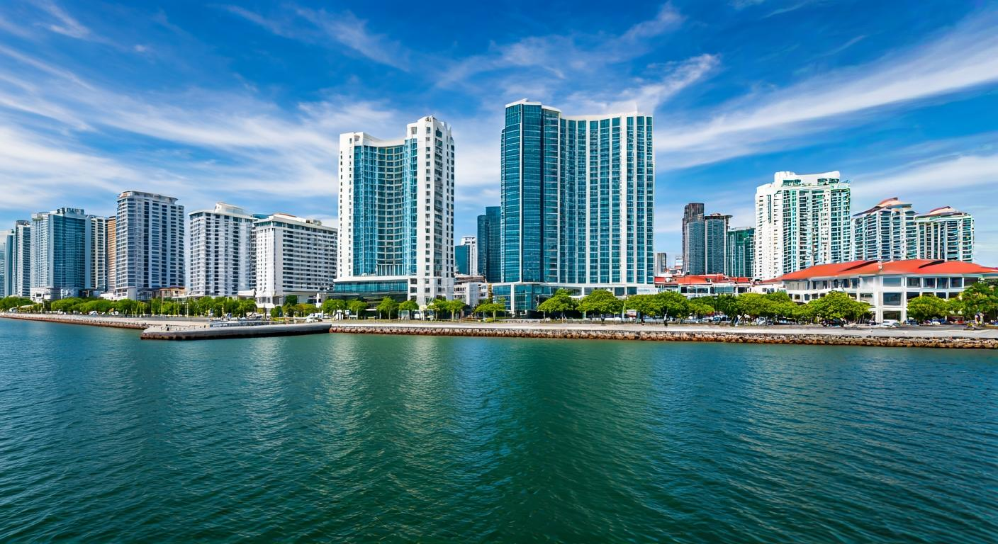 A high-resolution view of Kota Kinabalu city waterfront with modern buildings and coastal road, illustrating the urban tourism and commerce environment in Sabah.