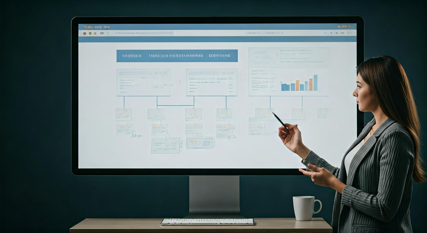 Marketing specialist reviewing website architecture on a large screen, with notes about keyword structure and page performance for search optimization.