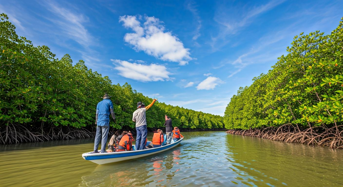 Tourists on a boat tour near mangrove-lined river in Sabah with guides explaining local wildlife, showcasing tourism experiences and natural landscapes.